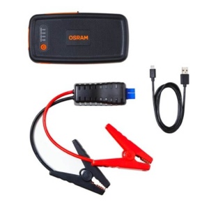 Setul complet al acumulatorului, cu clești de pornire și cablu USB.