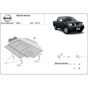Schemă tehnică a scutului, cu detalii de montaj și compatibilitate Nissan Navara.