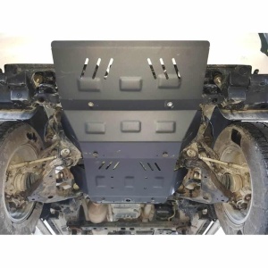 Scutul de radiator metalic Scut Protection montat pe un Toyota Hilux Revo, vedere de jos.