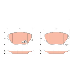 Schemă tehnică cu dimensiunile plăcuțelor de frână față TRW pentru Toyota Corolla.