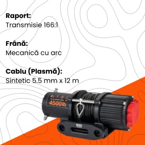 Specificații tehnice detaliate ale troliului, incluzând raportul de transmisie și tipul de cablu.