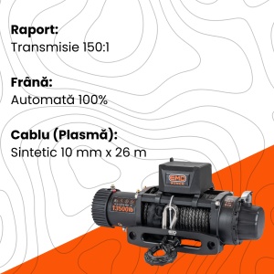 Detalii tehnice pentru troliul EMD Winch 13500lbs, cu raport de transmisie 150:1 și cablu sintetic de 26m.