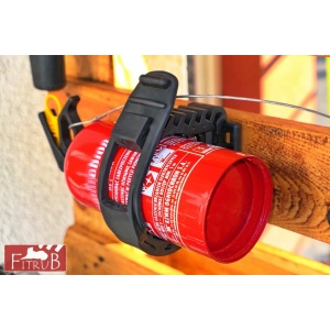 Clema Fitrub montată, fixând un stingător de incendiu.