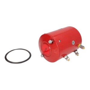 Vedere din spate a motorului de troliu, cu bornele electrice și specificația de 12V.