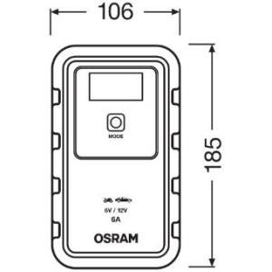 Schemă tehnică a redresorului inteligent baterie auto Osram BATTERYcharge 906, cu dimensiuni, Redresor inteligent.