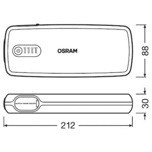 Desen tehnic cu dimensiunile exacte ale acumulatorului extern Osram.