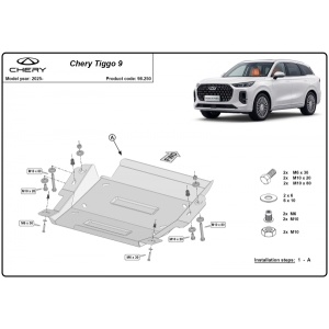 Schemă tehnică de montaj a scutului de 2mm pentru diferențialul spate la Chery Tiggo 9.