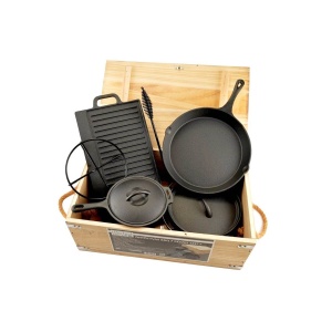 Set grătar BBQ de camping din fontă în cutie de lemn, 6+1 piese, Peterhof