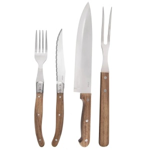 Prim-plan cu ustensilele principale din setul steak 15 piese Orion, cu mânere din lemn, Set steak 15 piese.