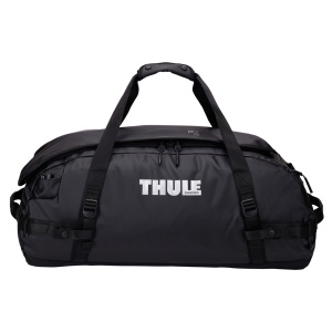 Vedere frontală a genții duffel Thule Chasm 70L, cu mânerul și fermoarele principale.