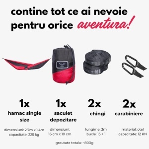 Hamac de camping din nylon tip parașută 210T, capacitate 225 kg, roșu/negru, hikerjoy