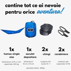 Hamac hikerjoy PRO albastru, ripstop 70D, 300 kg, hikerjoy
