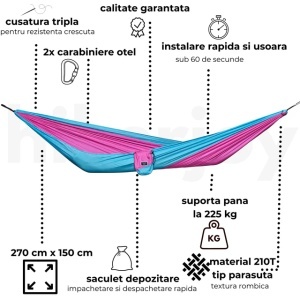 Hamac portabil din nylon tip parașută hikerjoy, 225 kg, Pink Sky Blue, Hikerjoy