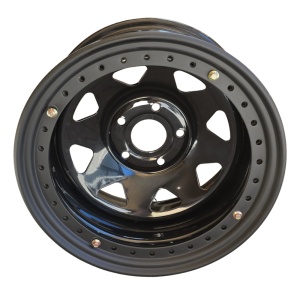 Vedere frontală a jantei Beadlock OFM4x4 RESIGILAT R16, cu designul cu 5 spițe pentru Jeep Wrangler JK.