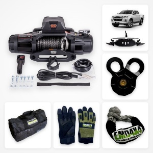 Pachet troliu Premium Dual Speed Isuzu D-Max (2019-2026): troliu EMD Winch Dual Speed 13000 lbs, suport troliu dedicat și kit accesorii troliu