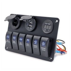 Panou cu 6 comutatoare tip Carling universal cu porturi USB, priză brichetă și voltmetru 12V, iluminare albastră, ORE4x4