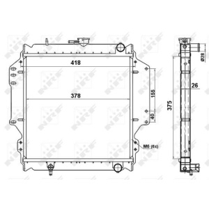 Schemă tehnică a radiatorului NRF pentru Suzuki Samurai (1988-2004), cu dimensiuni de montaj precise.