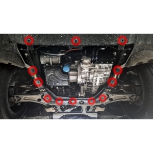Vedere a punctelor de prindere pentru scutul de 2mm la Chery Tiggo 9 (2024-2026).