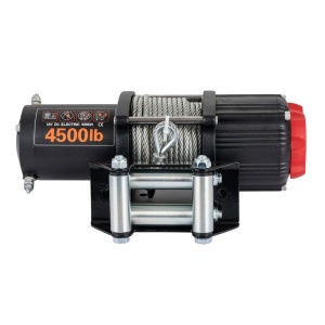 Vedere frontală a troliului electric EMD Winch 4500lbs, cu ghidajul pentru cablul de oțel.
