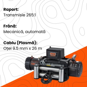 Detalii tehnice ale troliului: raport transmisie, frână și specificații cablu de oțel.