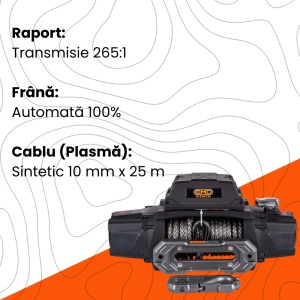 Specificații troliu EMD Winch Plus: raport 265:1 și cablu sintetic de 25m.
