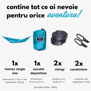 Hamac camping hikerjoy turcoaz, nylon parașută 210T, capacitate 225 kg, hikerjoy