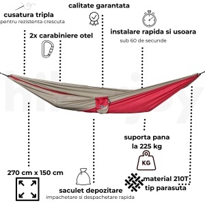 Hamac hikerjoy, nylon tip parașută 210T, capacitate 225 kg, burgundy hikerjoy