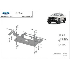 Schemă tehnică a suportului de troliu dedicat pentru Ford Ranger Raptor (2023-2025), cu detalii de montaj.