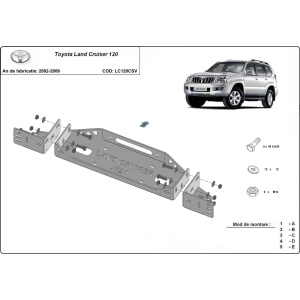 Schemă tehnică a suportului de troliu dedicat pentru Toyota Land Cruiser 120 (2002-2009).