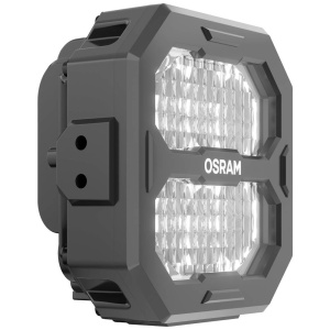 Proiectorul LED văzut dintr-un unghi lateral, evidențiind designul robust.