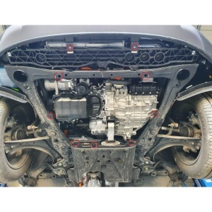 Punctele de prindere ale scutului pe șasiul unui Hyundai Tucson, înainte de montaj.