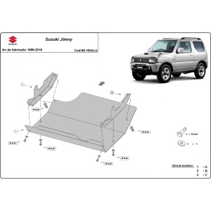 Schemă tehnică de montaj a scutului motor Scut Protection pentru Suzuki Jimny 1998-2018.