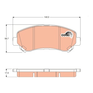 Desen tehnic cu dimensiunile plăcuțelor de frână față TRW pentru Nissan Qashqai I.