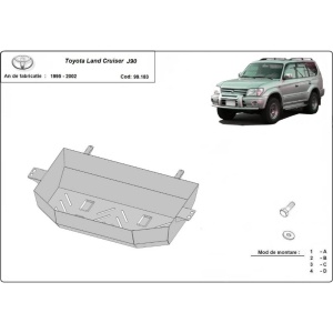 Vedere detaliată a scutului de rezervor cu indicații de montaj pentru Toyota Land Cruiser J90.