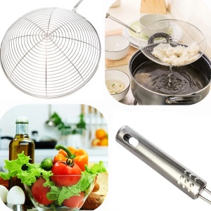 Sită inox de scos alimente Perfect Home, cu detalii despre plasă și mânerul ergonomic.