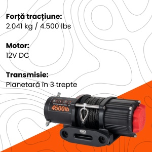 Detalii despre forța de tracțiune de 4500lbs și tipul de motor al troliului.