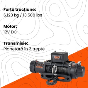 Specificații motor 12V și forță de tracțiune 6123kg pentru troliul EMD Winch 13500lbs.