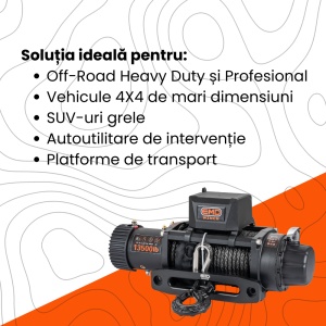 Utilizări recomandate pentru troliul EMD Winch 13500lbs, ideal pentru vehicule 4x4 și off-road.
