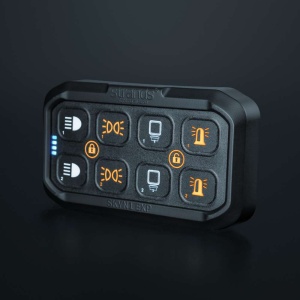 Vedere laterală a unității wireless SKYN1 EXP cu butoanele iluminate activ, Unitate de control wireless.