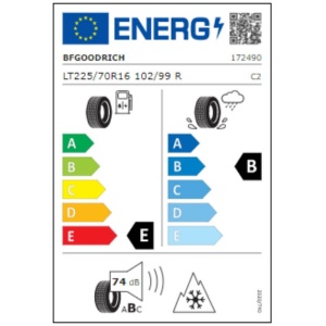 Eticheta energetică europeană a anvelopei, cu specificații de performanță.