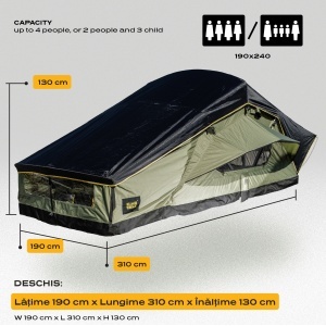 Dimensiunile cortului CampTalk Whisper 190 deschis: 190 cm lățime și 310 cm lungime.