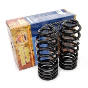 Două arcuri elicoidale negre din kit, cu ambalajul lor în fundal.