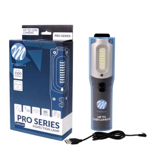 Lampa de lucru M-Tech ILPRO109, prezentată alături de ambalajul său și cablul de încărcare.