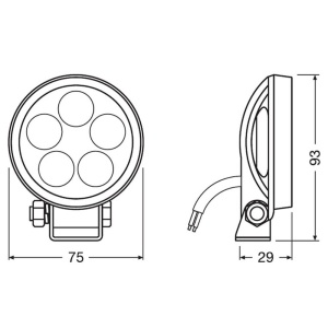 Schemă tehnică cu dimensiunile proiectorului LED Osram VX70-SP: 75x93x29 mm.