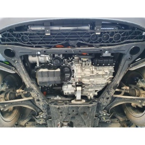 Compartimentul motor al vehiculului, văzut de jos, înainte de instalarea scutului.