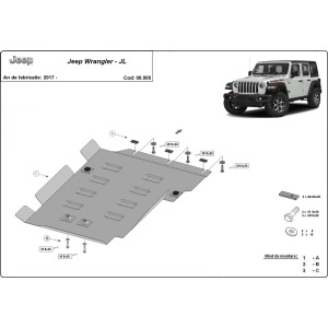 Schemă tehnică de montaj cu detaliile șuruburilor pentru scutul Jeep Wrangler JL (2018+).