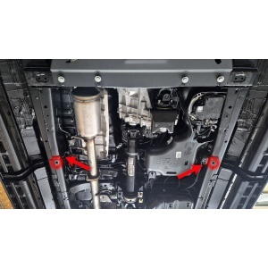 Vedere de dedesubt a șasiului Toyota Hilux 2026, indicând punctele de fixare.