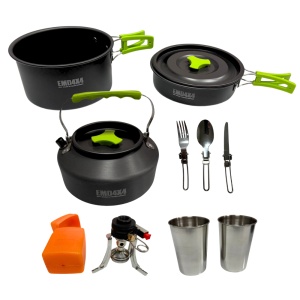Set gătit camping cu arzător pe gaz, oală, tigaie, ceainic, căni și tacâmuri, 2-3 persoane, EMD4X4