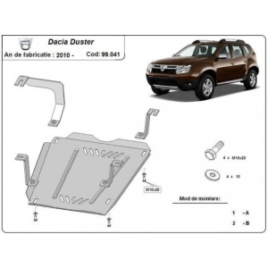 Diagramă de instalare pentru scutul de cutie de viteze la Dacia Duster 1 (2014-2017).