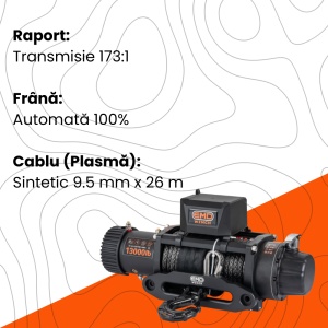 Detalii tehnice ale troliului: raport transmisie, frână automată și cablul sintetic.